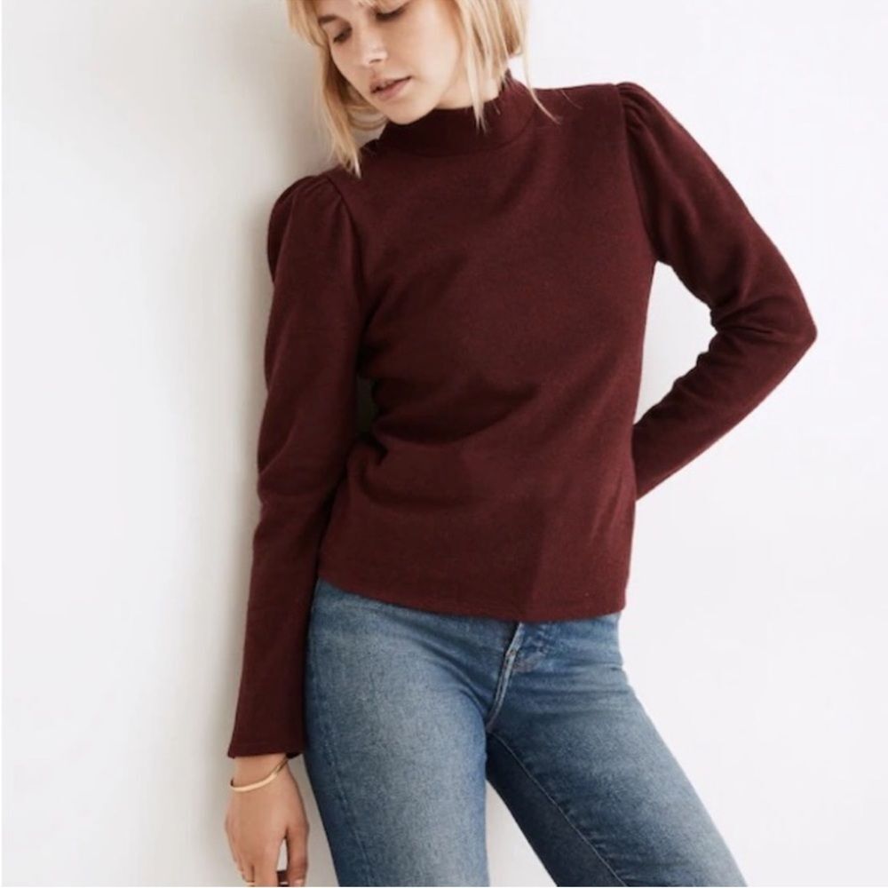 Madewell Womens (Re)sourced Plush Mockneck Puff-Sleeve Top XL Heather Rusted Red
